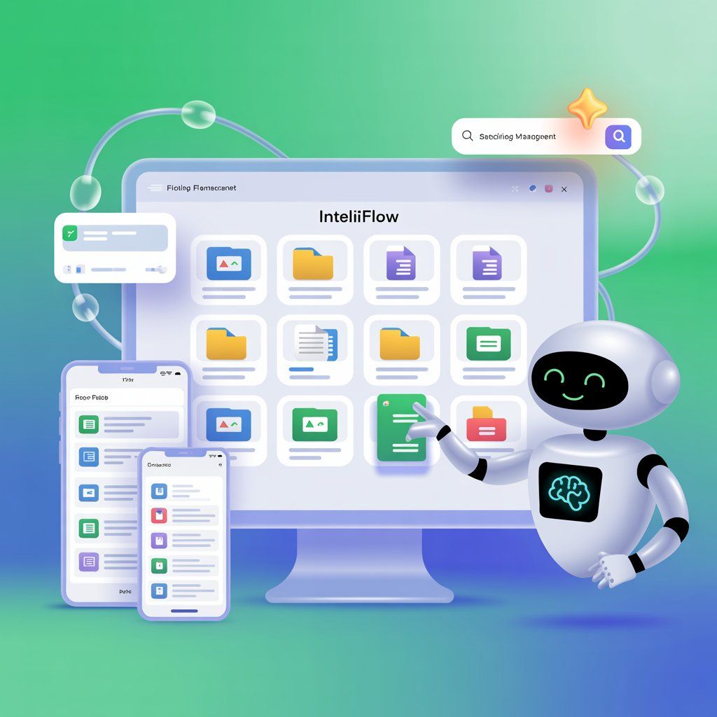MaxFiles intelligent file management illustration with AI assistant and cross-platform devices